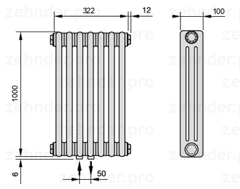 Схема (чертеж) Радиатор Zehnder Charleston 3100/7 №3470 Белый глянцевый RAL 9016